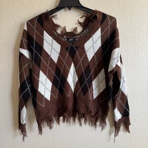 Just Polly NY Argyle Plaid Fringe Hem Long Sleeve Preppy Academia Sweater Size M